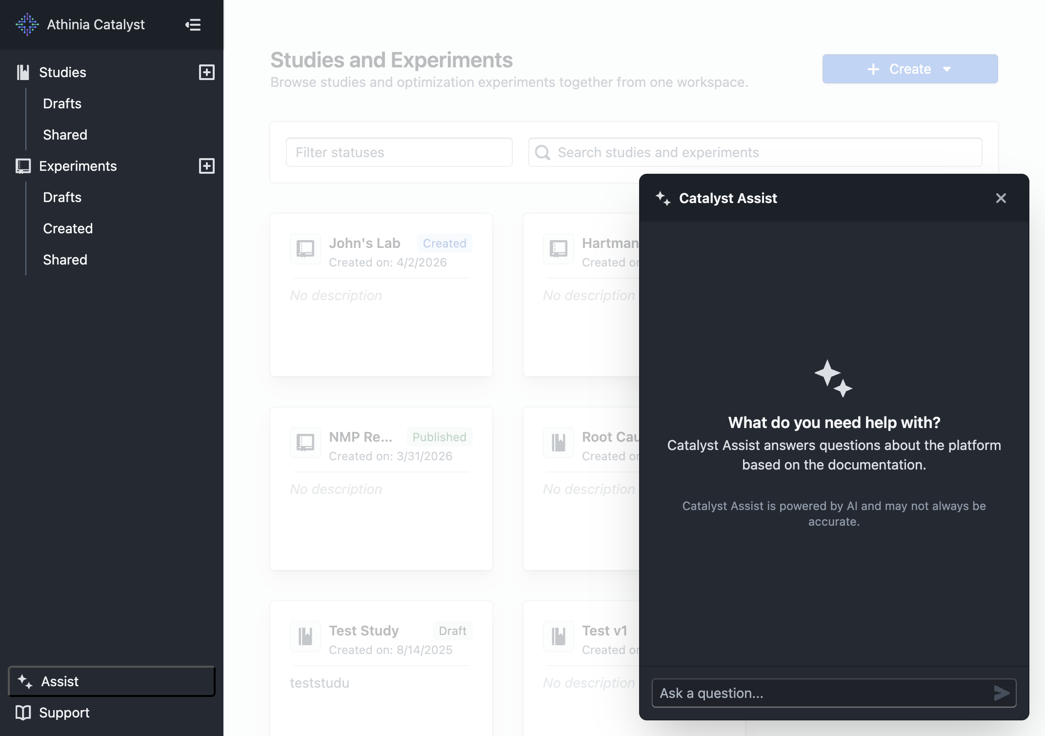 Catalyst Assist panel open alongside the dashboard