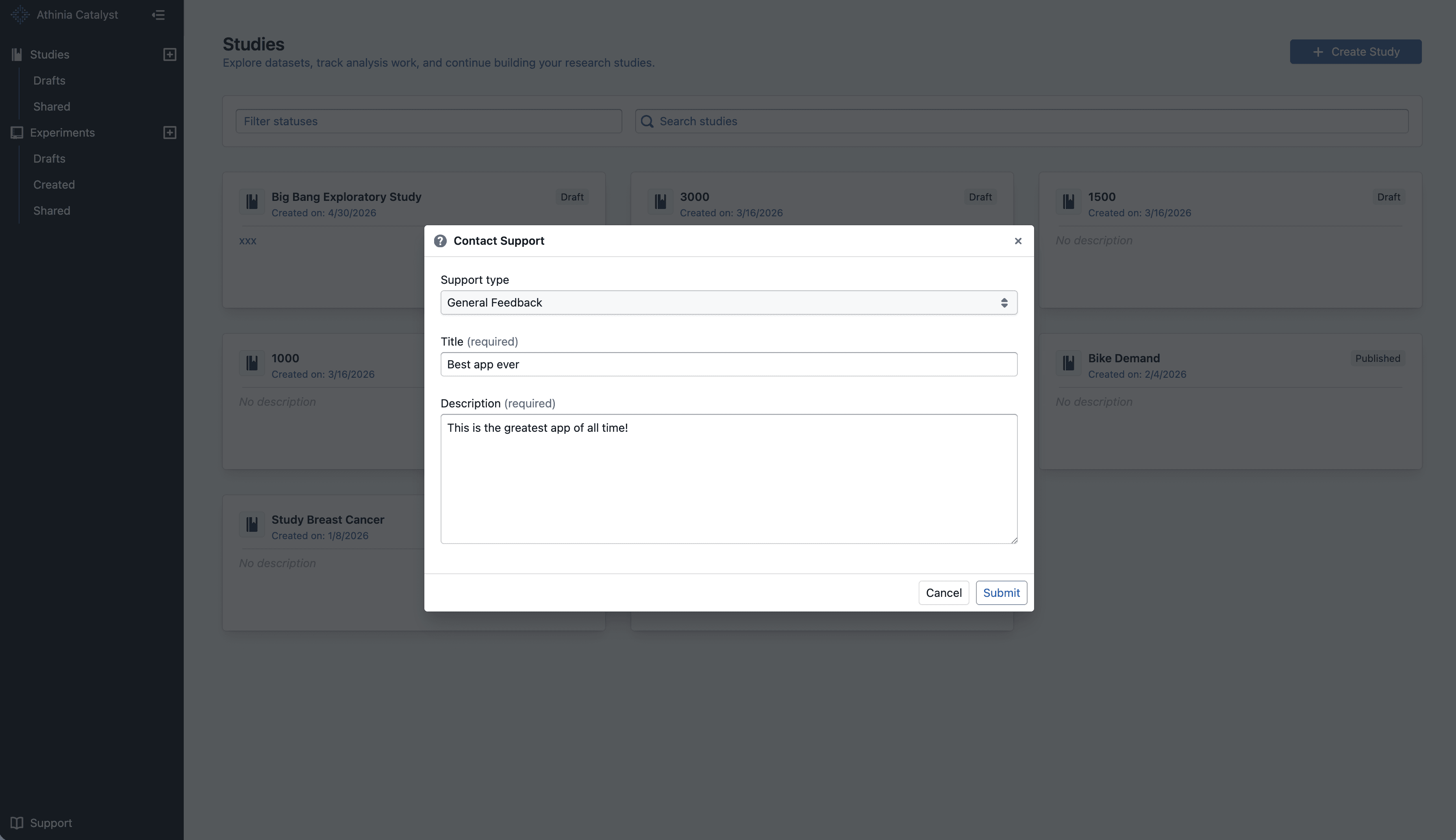 Contact Support dialog