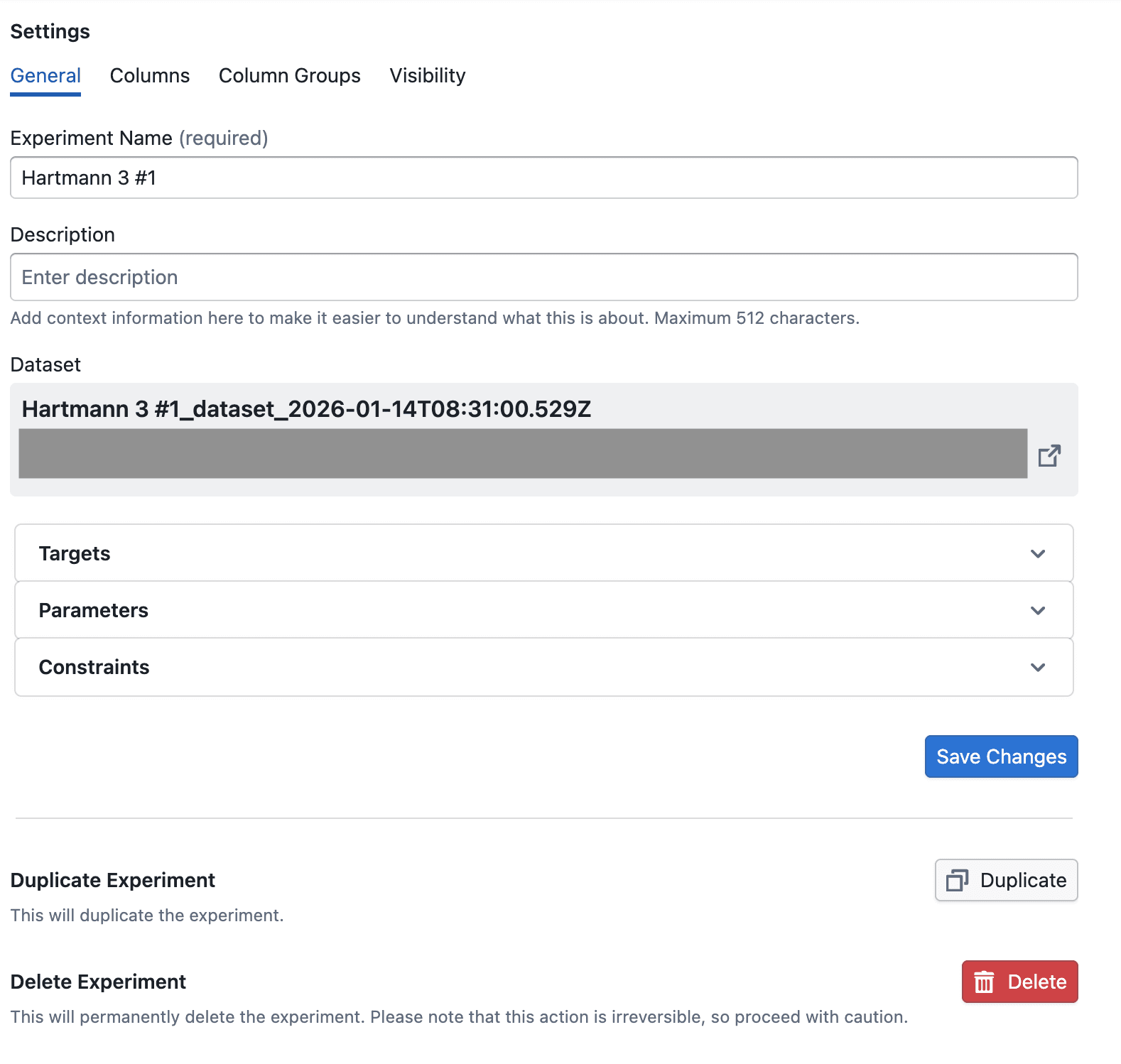 Experiment Settings General Tab
