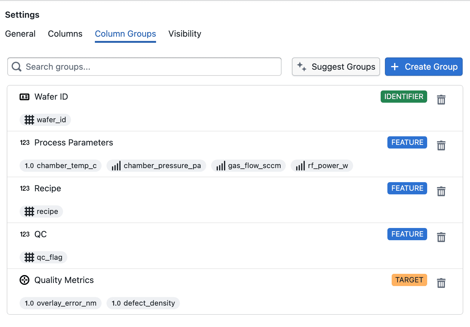 Study Settings Column Groups Tab