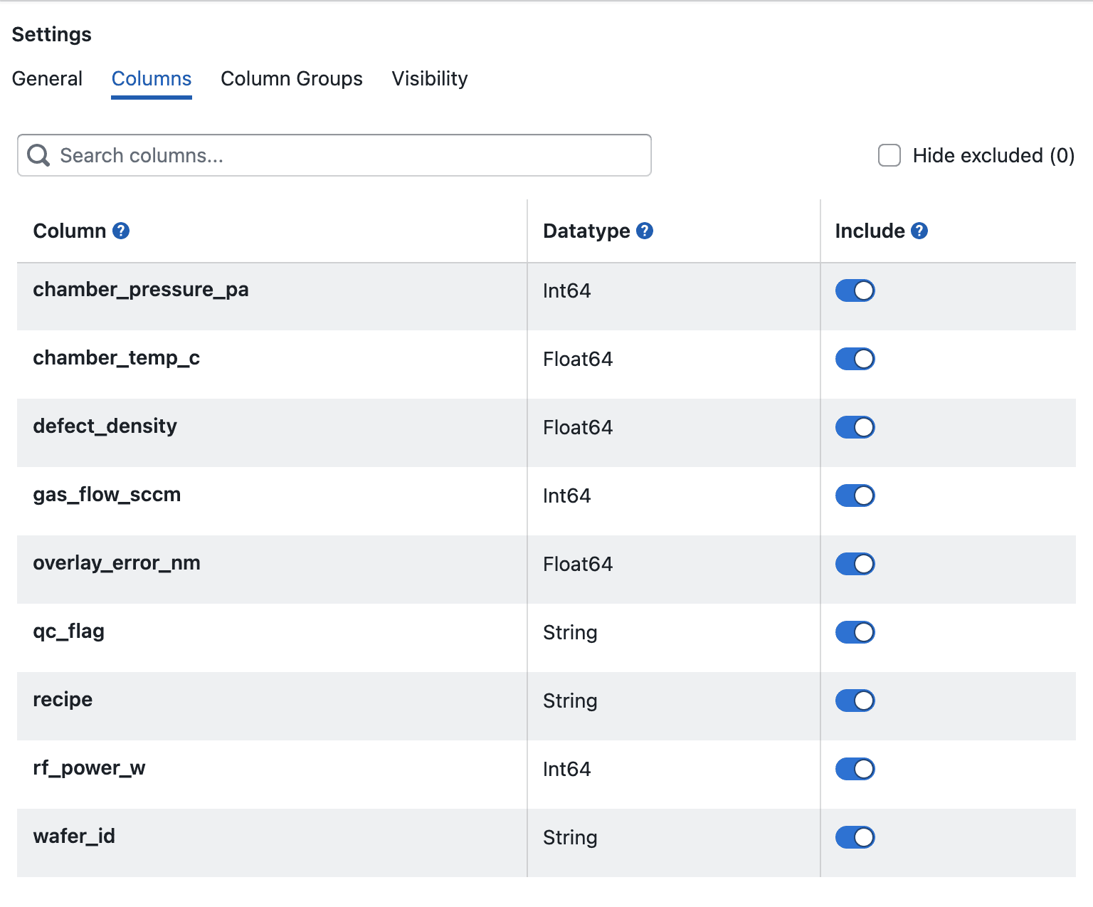 Study Settings Columns Tab