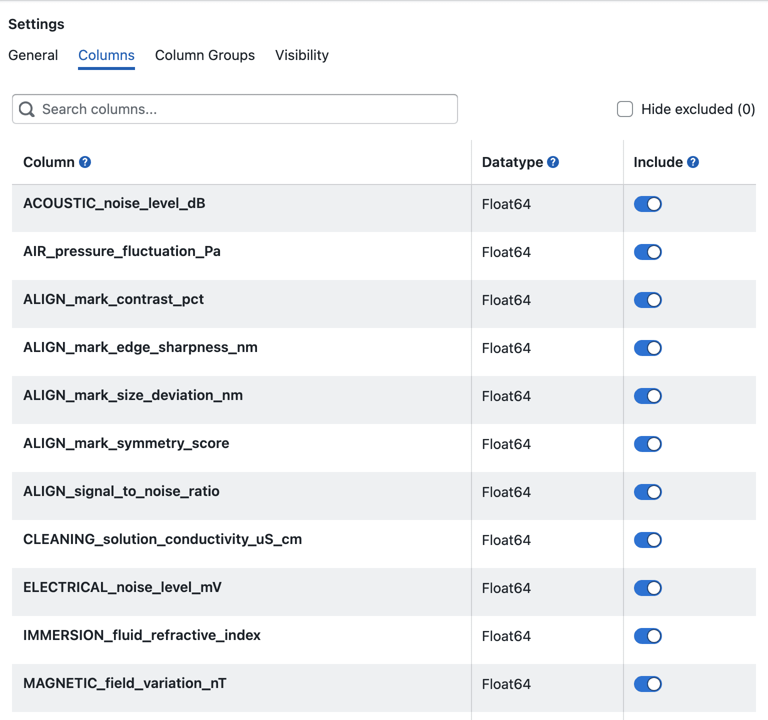 Study Settings Columns Tab