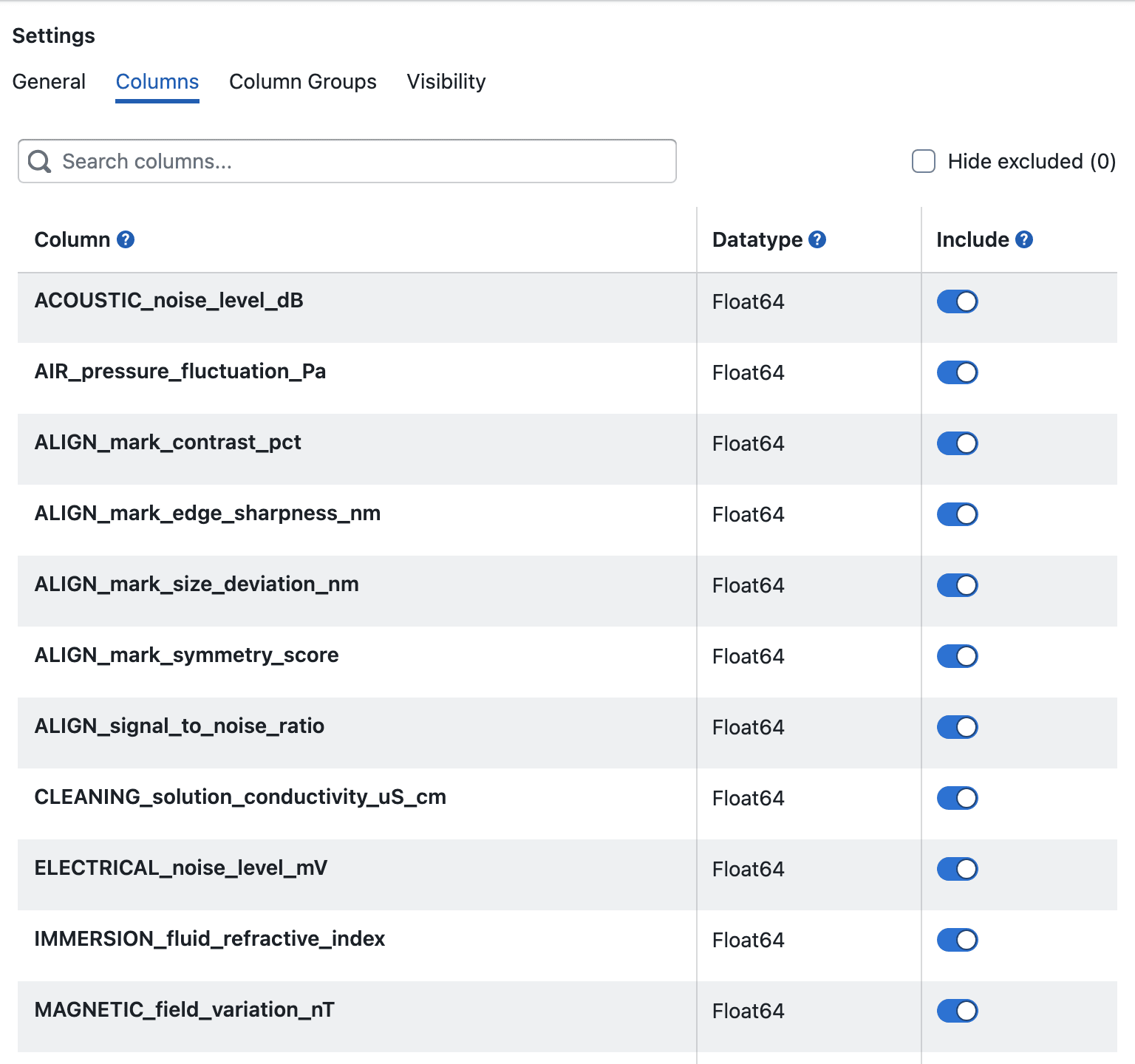 Study Settings Columns Tab
