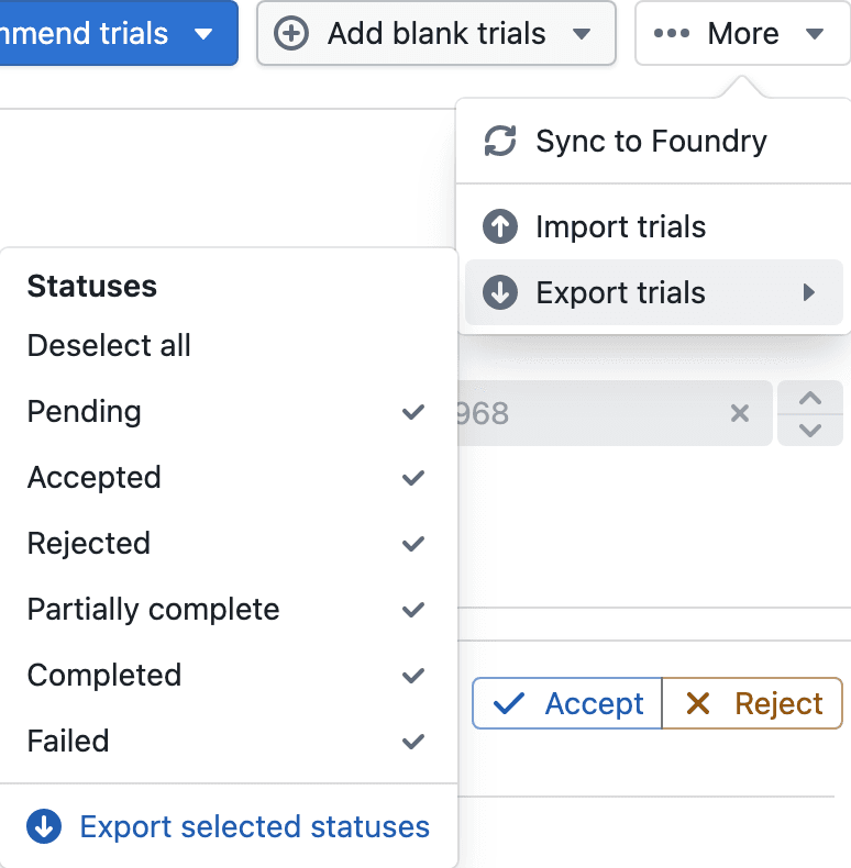 Trial actions showing Sync to Foundry and the Export trials status filters