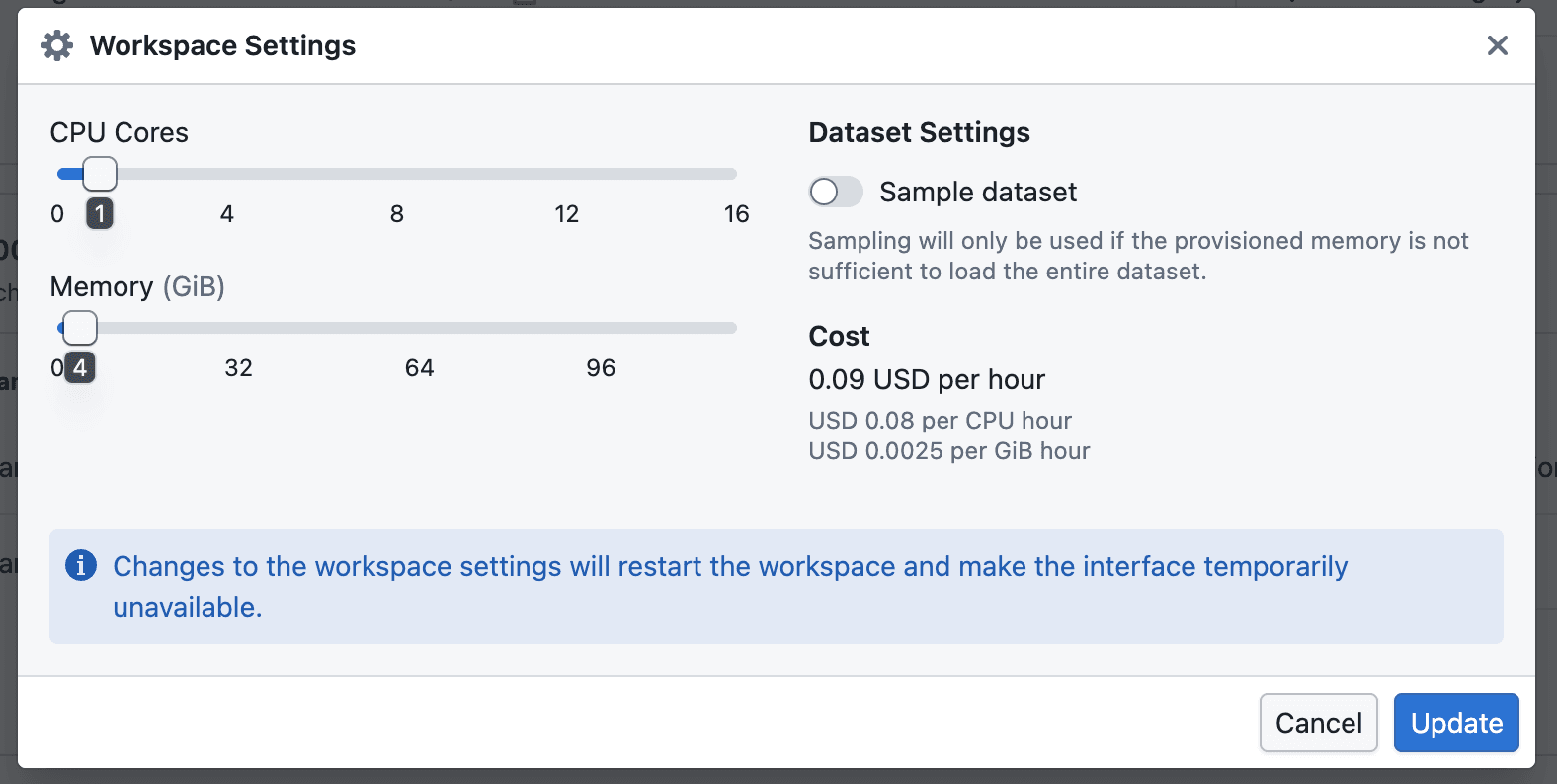 Workspace Settings showing the CPU and memory controls